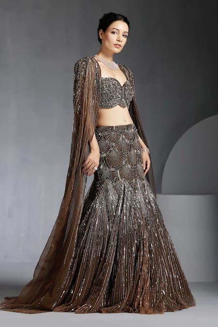 Shop_Chaashni By Maansi And Ketan_Brown Net Sequins, Stones, Beads Scallop Embellished Mermaid Lehenga Set _Online_at_Aza_Fashions