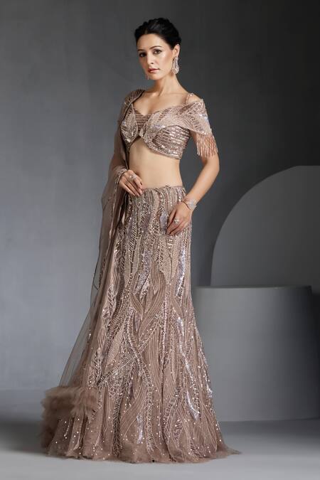 Chaashni By Maansi And Ketan_Beige Net Sequins, Beads, Cut Metallic Wave Embellished Mermaid Lehenga Set _Online_at_Aza_Fashions