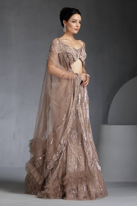 Buy_Chaashni By Maansi And Ketan_Beige Net Sequins, Beads, Cut Metallic Wave Embellished Mermaid Lehenga Set _Online_at_Aza_Fashions