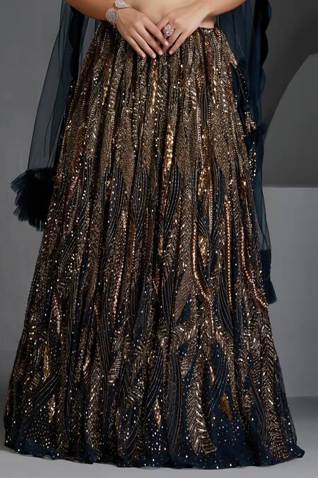 Buy_Chaashni By Maansi And Ketan_Blue Net Sequins, Pearls Sweetheart Metallic Cutdana Embellished Lehenga Set _Online_at_Aza_Fashions