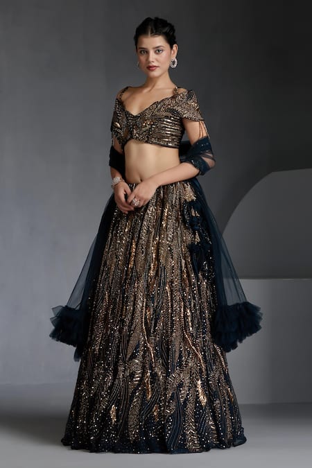 Shop_Chaashni By Maansi And Ketan_Blue Net Sequins, Pearls Sweetheart Metallic Cutdana Embellished Lehenga Set _Online_at_Aza_Fashions