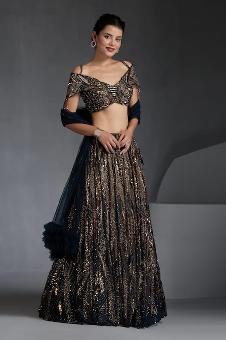 Chaashni By Maansi And Ketan_Blue Net Sequins, Pearls Sweetheart Metallic Cutdana Embellished Lehenga Set _at_Aza_Fashions