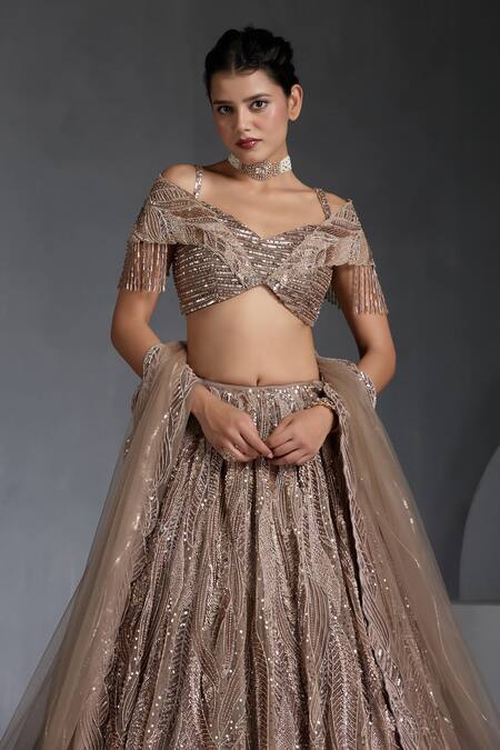 Buy_Chaashni By Maansi And Ketan_Beige Net Sequins, Beads, Cut Work Metallic Wave Embellished Lehenga Set _Online_at_Aza_Fashions