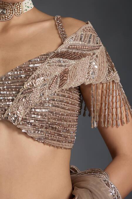 Buy_Chaashni By Maansi And Ketan_Beige Net Sequins, Beads, Cut Work Metallic Wave Embellished Lehenga Set 