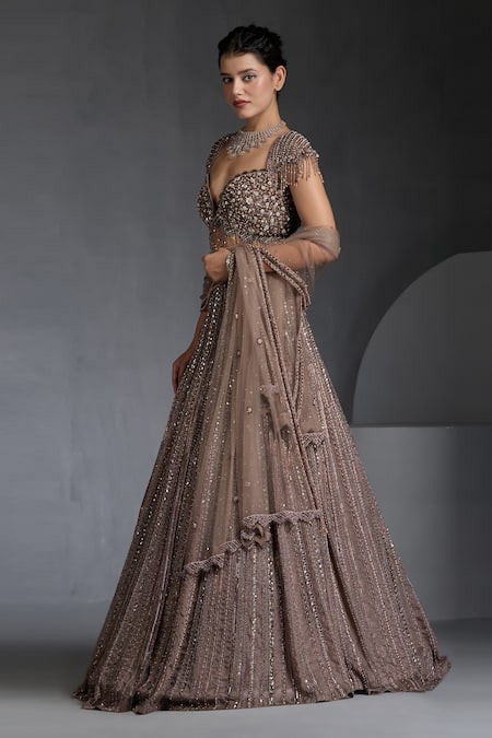 Chaashni By Maansi And Ketan_Beige Organza, Net Pearls, Sequins, Beads Embellished Striped Lehenga Set _Online_at_Aza_Fashions