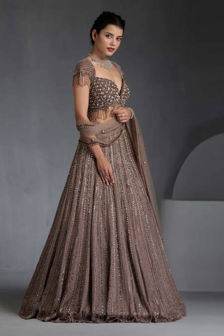 Buy_Chaashni By Maansi And Ketan_Beige Organza, Net Pearls, Sequins, Beads Embellished Striped Lehenga Set _Online_at_Aza_Fashions