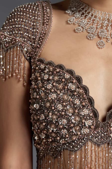 Shop_Chaashni By Maansi And Ketan_Beige Organza, Net Pearls, Sequins, Beads Embellished Striped Lehenga Set _Online_at_Aza_Fashions