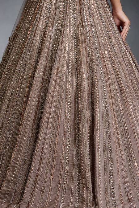 Chaashni By Maansi And Ketan_Beige Organza, Net Pearls, Sequins, Beads Embellished Striped Lehenga Set _at_Aza_Fashions