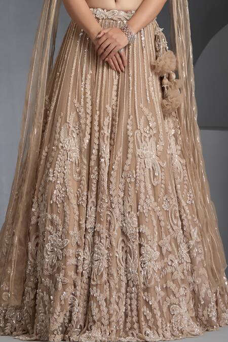 Chaashni By Maansi And Ketan_Brown Net, Silk Sequins, Beads, Cut Floral Vine Embellished Lehenga With Blouse _Online_at_Aza_Fashions