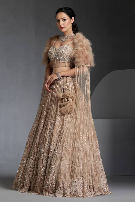 Buy_Chaashni By Maansi And Ketan_Brown Net, Silk Sequins, Beads, Cut Floral Vine Embellished Lehenga With Blouse _Online_at_Aza_Fashions