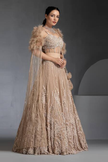 Shop_Chaashni By Maansi And Ketan_Brown Net, Silk Sequins, Beads, Cut Floral Vine Embellished Lehenga With Blouse _Online_at_Aza_Fashions
