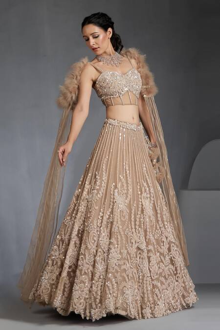 Chaashni By Maansi And Ketan_Brown Net, Silk Sequins, Beads, Cut Floral Vine Embellished Lehenga With Blouse _at_Aza_Fashions