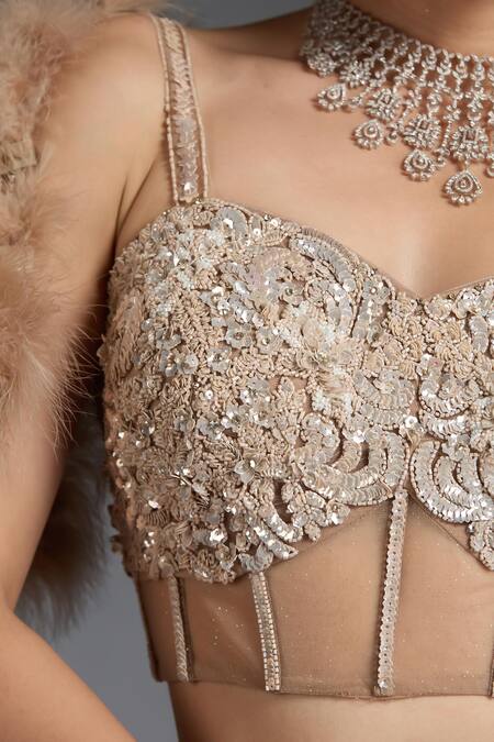 Buy_Chaashni By Maansi And Ketan_Brown Net, Silk Sequins, Beads, Cut Floral Vine Embellished Lehenga With Blouse 