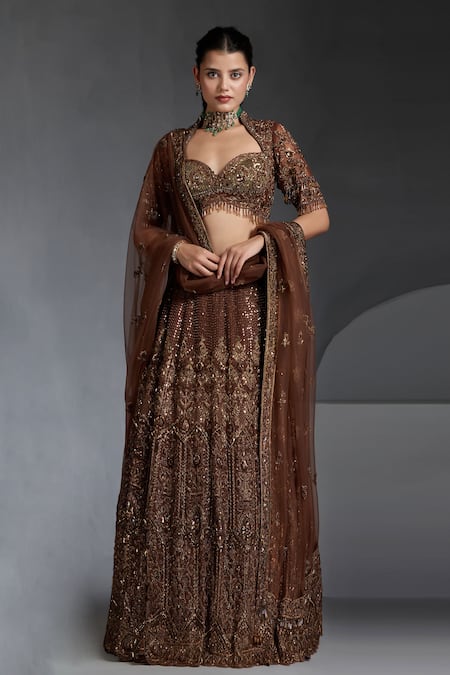 Chaashni by Maansi and Ketan Brown Net Embellished Cutdana Sweetheart Sequin Floral Bridal Lehenga Set 