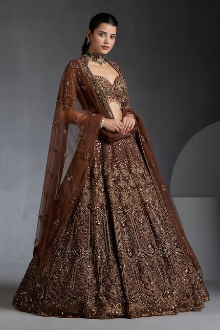 Chaashni By Maansi And Ketan Brown Net Sequins, Pearls, Beads, Cutdana Embellished Floral Bridal Lehenga Set Online at Aza Fashions Chaashni By Maansi And Ketan_Brown Net Sequins, Pearls, Beads, Cutdana Embellished Floral Bridal Lehenga Set _Online_at_Aza_Fashions