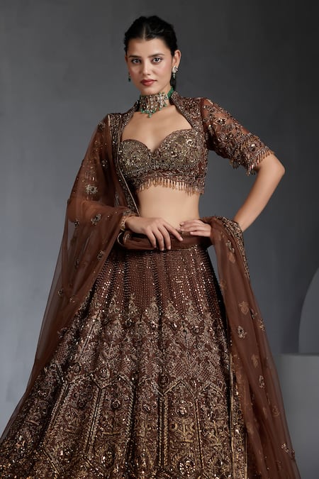 Buy Chaashni By Maansi And Ketan Brown Net Sequins, Pearls, Beads, Cutdana Embellished Floral Bridal Lehenga Set Online at Aza Fashions Buy_Chaashni By Maansi And Ketan_Brown Net Sequins, Pearls, Beads, Cutdana Embellished Floral Bridal Lehenga Set _Online_at_Aza_Fashions