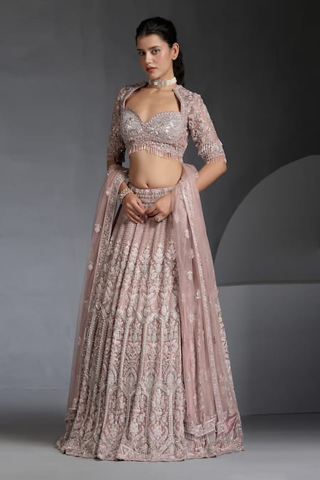 Chaashni By Maansi And Ketan_Pink Net Beads, Sequins, Zari Floral Cutdana Embellished Bridal Lehenga Set _Online_at_Aza_Fashions