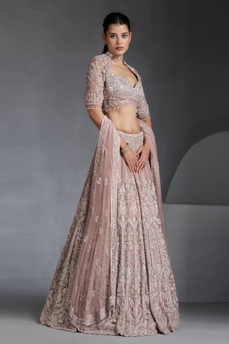 Buy_Chaashni By Maansi And Ketan_Pink Net Beads, Sequins, Zari Floral Cutdana Embellished Bridal Lehenga Set _Online_at_Aza_Fashions