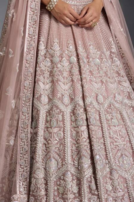 Shop_Chaashni By Maansi And Ketan_Pink Net Beads, Sequins, Zari Floral Cutdana Embellished Bridal Lehenga Set _Online_at_Aza_Fashions