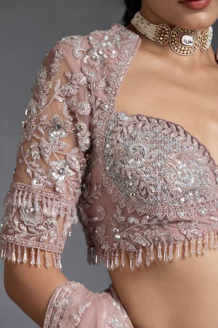 Chaashni By Maansi And Ketan_Pink Net Beads, Sequins, Zari Floral Cutdana Embellished Bridal Lehenga Set _at_Aza_Fashions