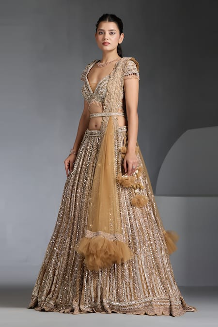 Chaashni By Maansi And Ketan_Gold Net Cut Work, Sequins, Beads, Stones, Embellished Striped Lehenga Set _Online_at_Aza_Fashions