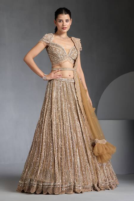 Buy_Chaashni By Maansi And Ketan_Gold Net Cut Work, Sequins, Beads, Stones, Embellished Striped Lehenga Set _Online_at_Aza_Fashions
