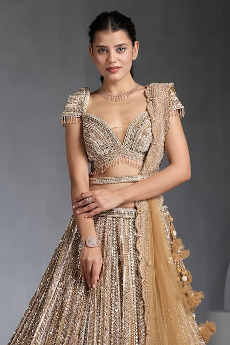 Shop_Chaashni By Maansi And Ketan_Gold Net Cut Work, Sequins, Beads, Stones, Embellished Striped Lehenga Set _Online_at_Aza_Fashions