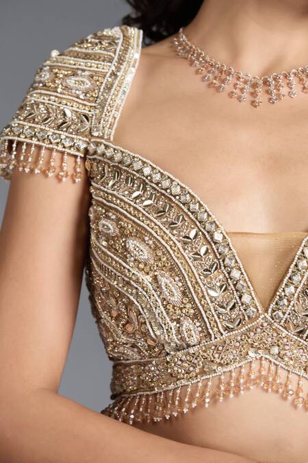 Chaashni By Maansi And Ketan_Gold Net Cut Work, Sequins, Beads, Stones, Embellished Striped Lehenga Set _at_Aza_Fashions