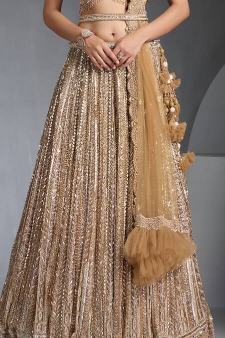 Buy_Chaashni By Maansi And Ketan_Gold Net Cut Work, Sequins, Beads, Stones, Embellished Striped Lehenga Set 