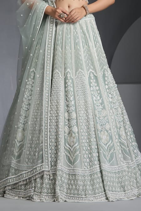 Chaashni By Maansi And Ketan_Green Net Pearls, Sequins, Beads Floral Jaali Embellished Bridal Lehenga Set_Online_at_Aza_Fashions
