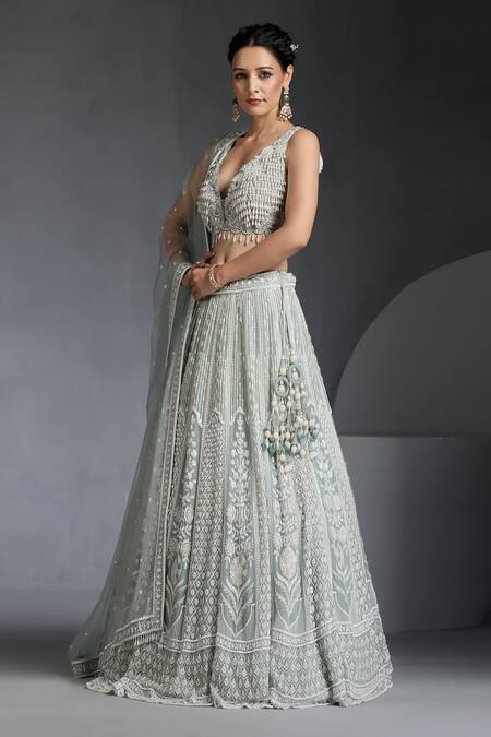 Buy_Chaashni By Maansi And Ketan_Green Net Pearls, Sequins, Beads Floral Jaali Embellished Bridal Lehenga Set_Online_at_Aza_Fashions