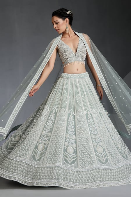 Shop_Chaashni By Maansi And Ketan_Green Net Pearls, Sequins, Beads Floral Jaali Embellished Bridal Lehenga Set_Online_at_Aza_Fashions