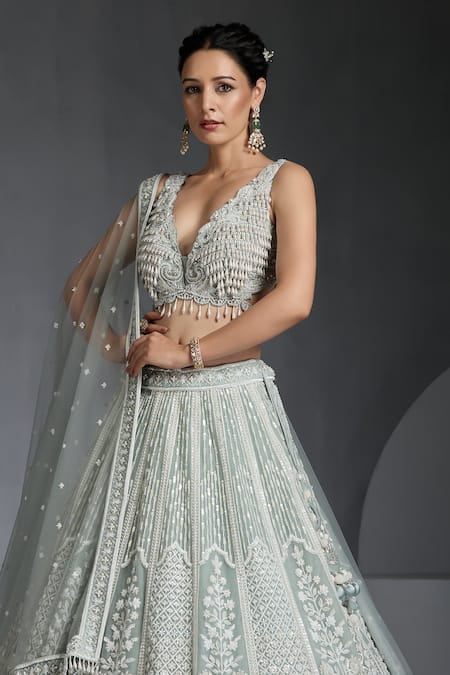 Chaashni By Maansi And Ketan_Green Net Pearls, Sequins, Beads Floral Jaali Embellished Bridal Lehenga Set_at_Aza_Fashions