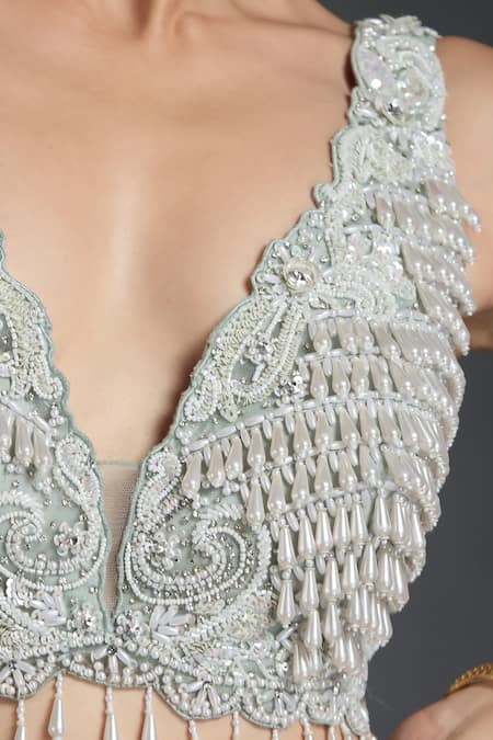 Buy_Chaashni By Maansi And Ketan_Green Net Pearls, Sequins, Beads Floral Jaali Embellished Bridal Lehenga Set