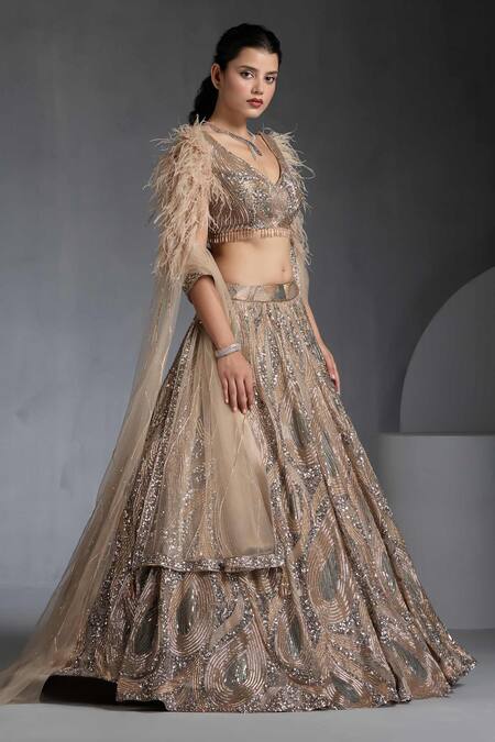 Shop_Chaashni By Maansi And Ketan_Gold Net Feathers, Sequins, Cut Work Cutdana Embellished Geometric Lehenga Set _Online_at_Aza_Fashions