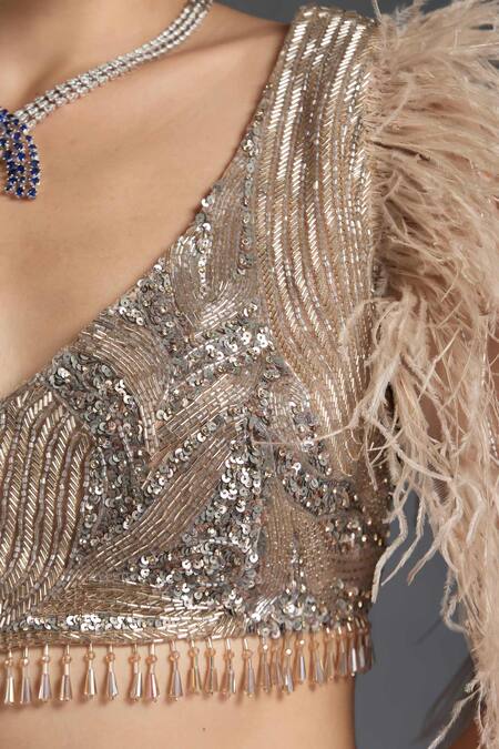 Chaashni By Maansi And Ketan_Gold Net Feathers, Sequins, Cut Work Cutdana Embellished Geometric Lehenga Set _at_Aza_Fashions