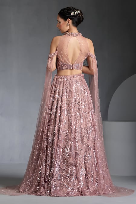 Chaashni By Maansi And Ketan Abstract Swarovski Embellished Lehenga With Cape Sleeve Blouse 