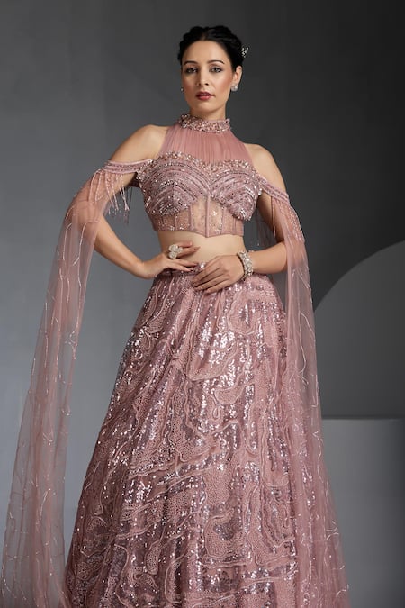 Shop_Chaashni By Maansi And Ketan_Pink Net Pearls, Abstract Swarovski Embellished Lehenga With Cape Sleeve Blouse _Online_at_Aza_Fashions