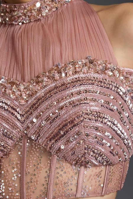 Chaashni By Maansi And Ketan_Pink Net Pearls, Abstract Swarovski Embellished Lehenga With Cape Sleeve Blouse _at_Aza_Fashions