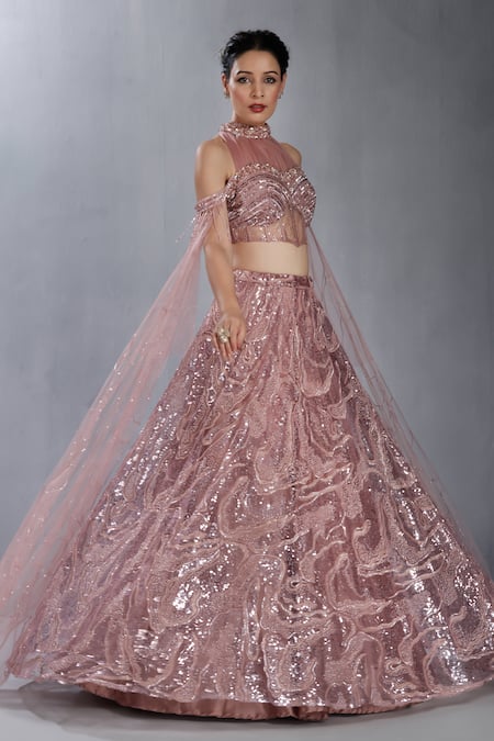 Buy_Chaashni By Maansi And Ketan_Pink Net Pearls, Abstract Swarovski Embellished Lehenga With Cape Sleeve Blouse 