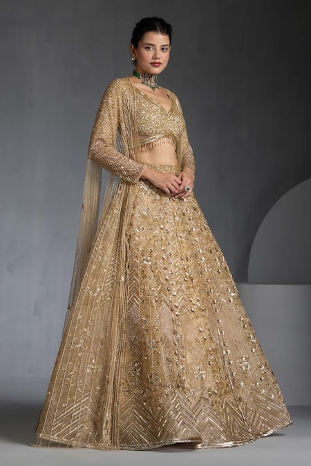 Chaashni By Maansi And Ketan_Gold Organza, Net Sequins, Beads, Geometric Stripe Embellished Lehenga Cape Set _Online_at_Aza_Fashions