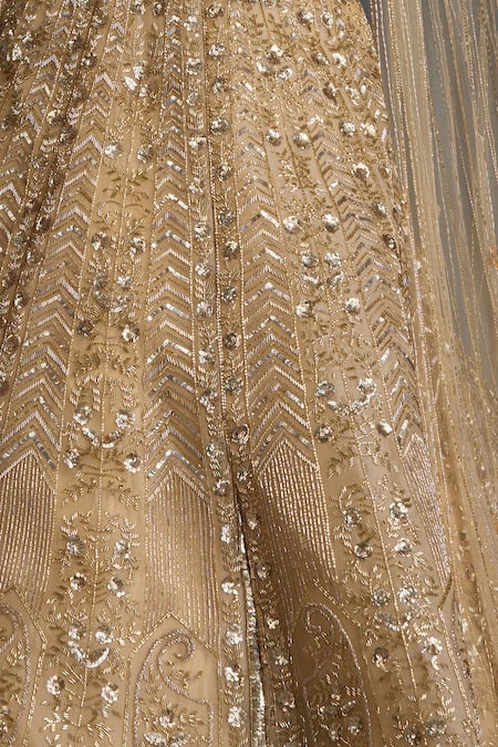Buy_Chaashni By Maansi And Ketan_Gold Organza, Net Sequins, Beads, Geometric Stripe Embellished Lehenga Cape Set _Online_at_Aza_Fashions