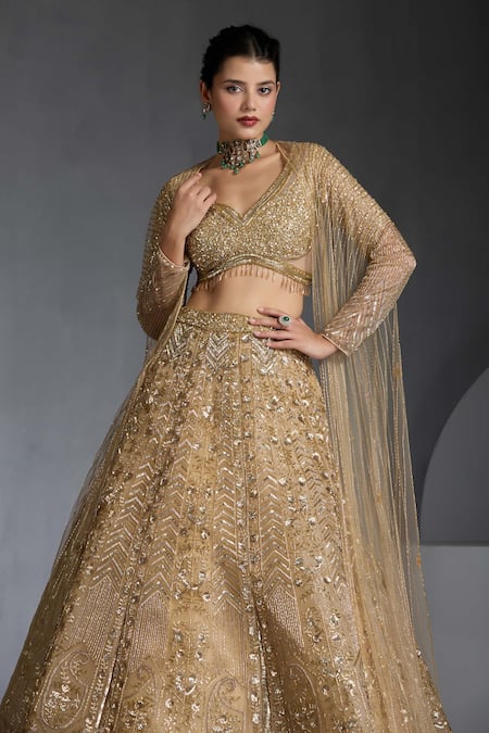 Shop_Chaashni By Maansi And Ketan_Gold Organza, Net Sequins, Beads, Geometric Stripe Embellished Lehenga Cape Set _Online_at_Aza_Fashions