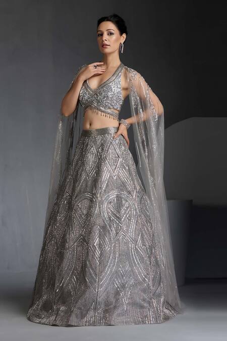 Chaashni By Maansi And Ketan_Grey Organza, Net Sequins, Geometric Wave Embellished Lehenga With Blouse _Online_at_Aza_Fashions