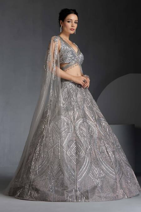 Buy_Chaashni By Maansi And Ketan_Grey Organza, Net Sequins, Geometric Wave Embellished Lehenga With Blouse _Online_at_Aza_Fashions