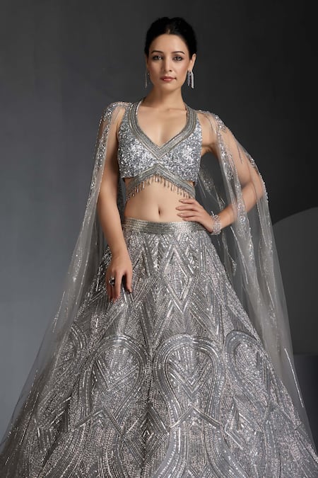 Shop_Chaashni By Maansi And Ketan_Grey Organza, Net Sequins, Geometric Wave Embellished Lehenga With Blouse _Online_at_Aza_Fashions