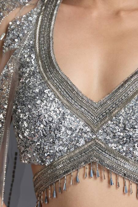 Chaashni By Maansi And Ketan_Grey Organza, Net Sequins, Geometric Wave Embellished Lehenga With Blouse _at_Aza_Fashions