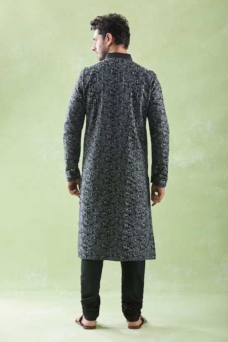 Shop Arihant Rai Sinha Black , Satin Embroidery Floral Vine Kurta And Pyjama Set at Aza Fashions Shop_Arihant Rai Sinha_Black , Satin Embroidery Floral Vine Kurta And Pyjama Set _at_Aza_Fashions