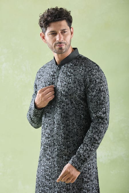 Arihant Rai Sinha Black , Satin Embroidery Floral Vine Kurta And Pyjama Set Online at Aza Fashions Arihant Rai Sinha_Black , Satin Embroidery Floral Vine Kurta And Pyjama Set _Online_at_Aza_Fashions
