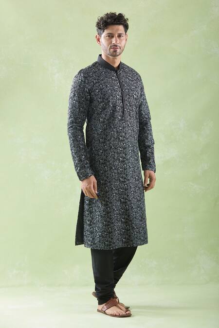 Shop Arihant Rai Sinha Black , Satin Embroidery Floral Vine Kurta And Pyjama Set Online at Aza Fashions Shop_Arihant Rai Sinha_Black , Satin Embroidery Floral Vine Kurta And Pyjama Set _Online_at_Aza_Fashions